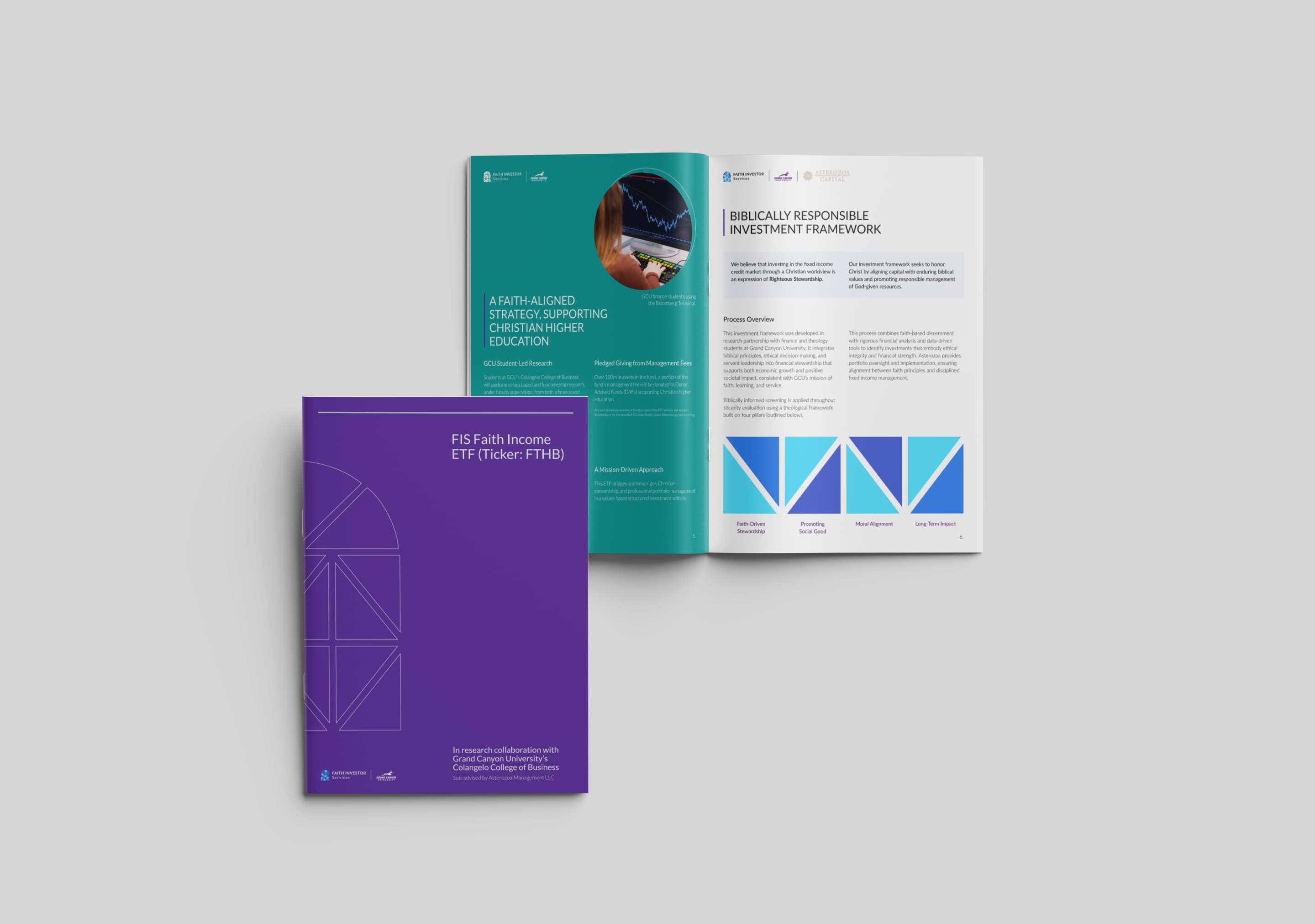 Faith Investor Services branding materials — ETF booklet, investment framework document, and brochure