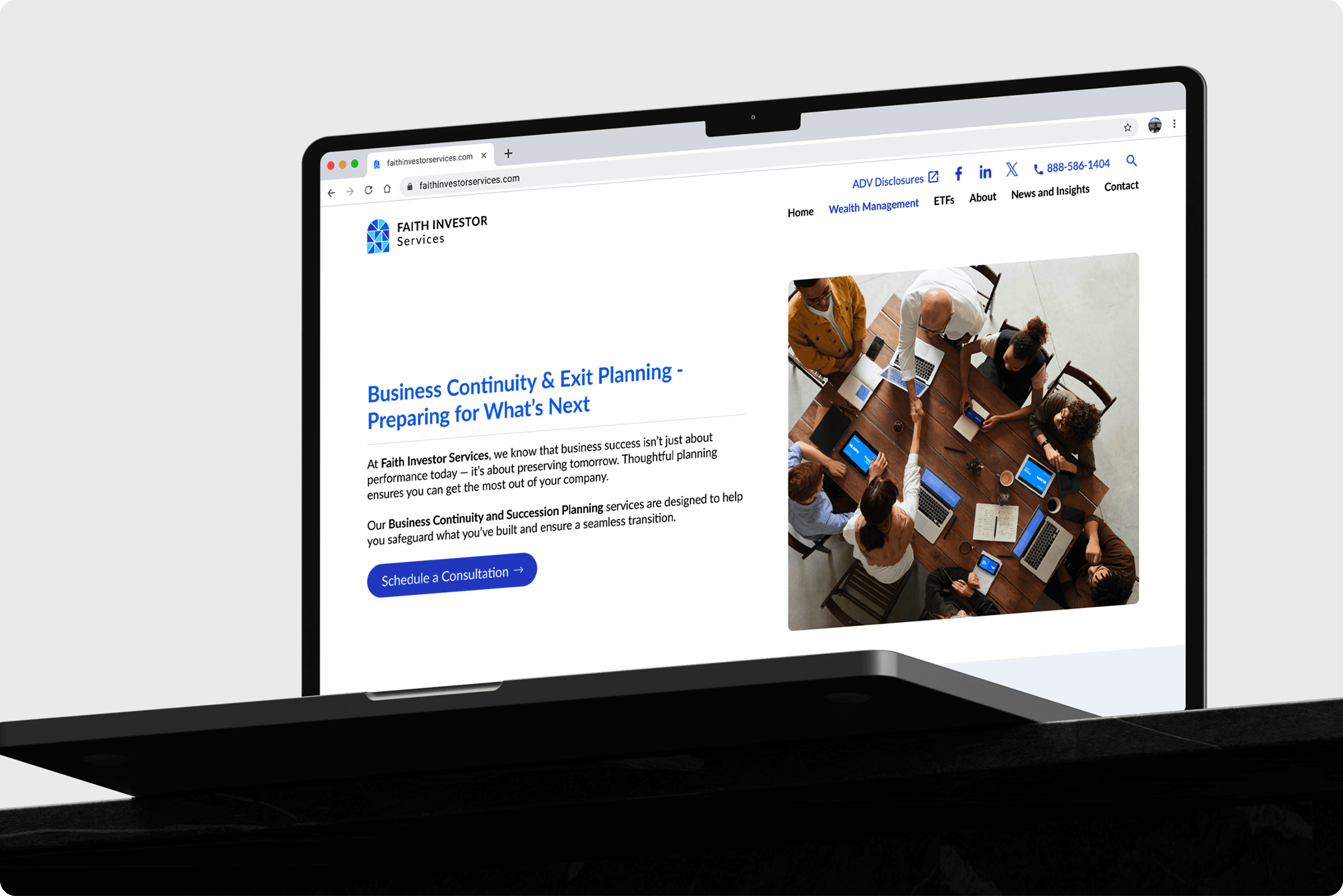 Faith Investor Services website shown on a laptop