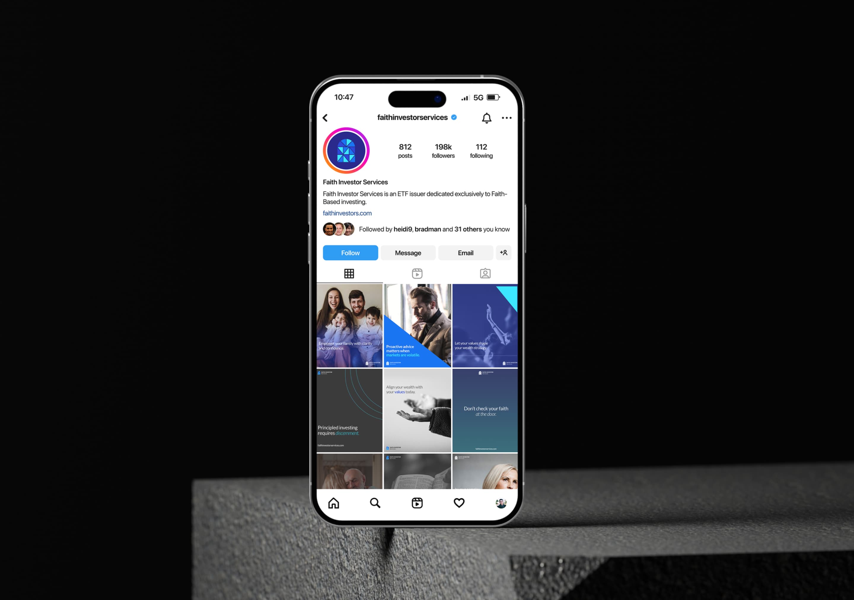 Faith Investor Services Instagram profile on a phone