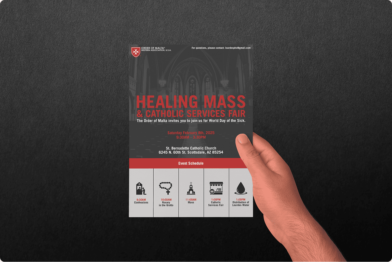 Order of Malta Healing Mass poster held in hand