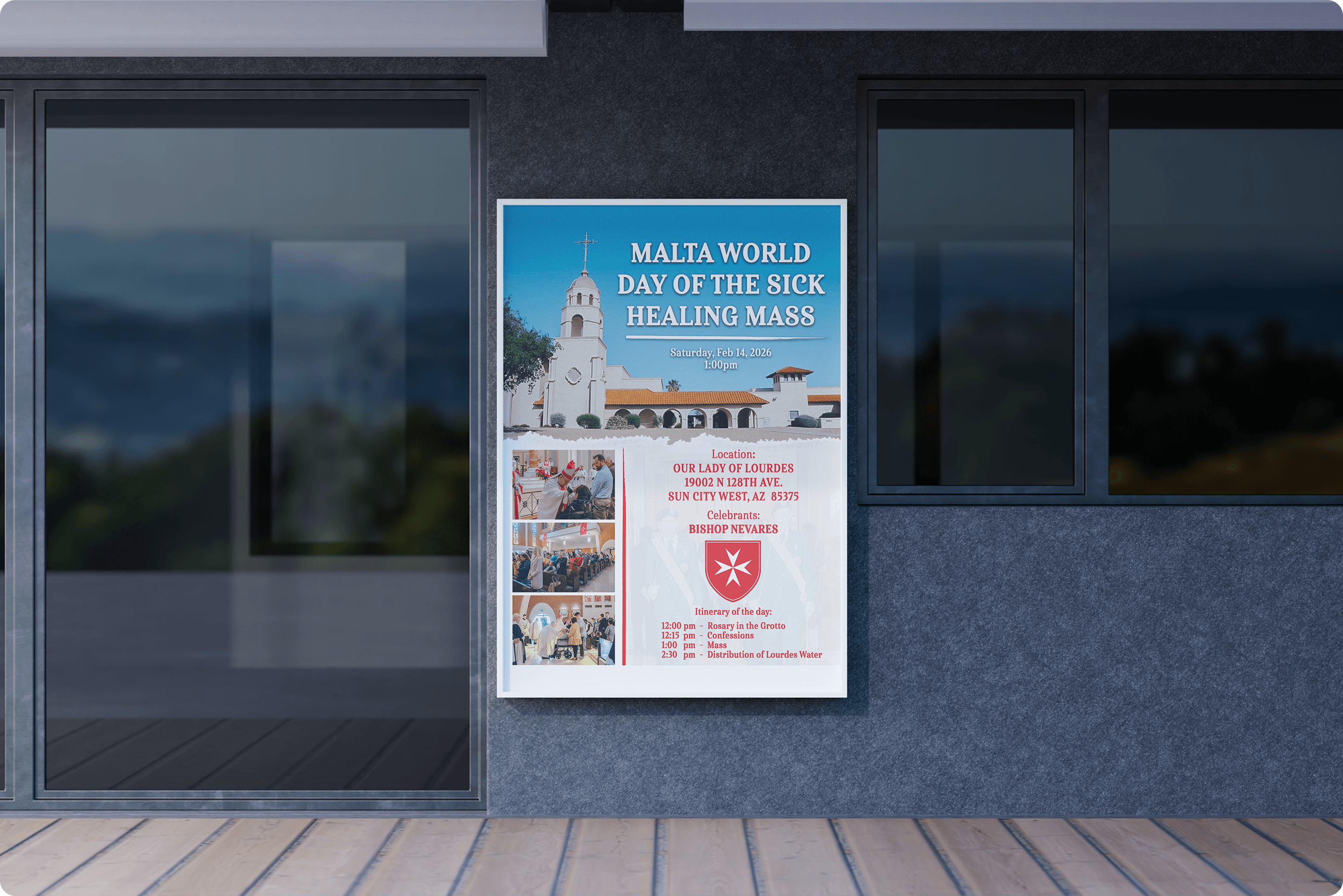 Order of Malta Healing Mass poster displayed on a building facade